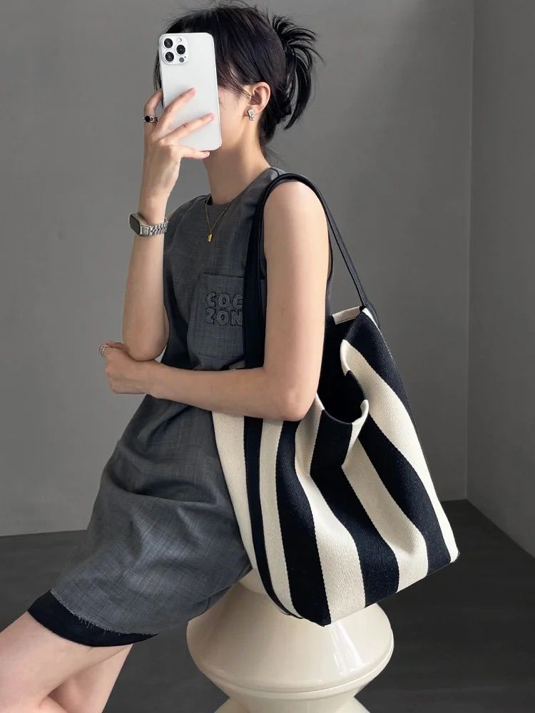 Stylish Women's Stripe Canvas Overnight Travel Tote Bag with Adjustable Strap