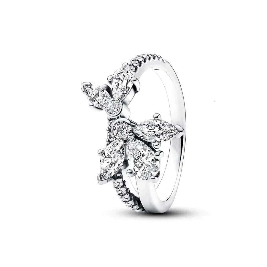 NEW 925 Sterling Silver Pretty Sparking Asymmetrical Herbarium Cluster Band Pear Halo Timeless Crossover Dual Band Ring Gifts
