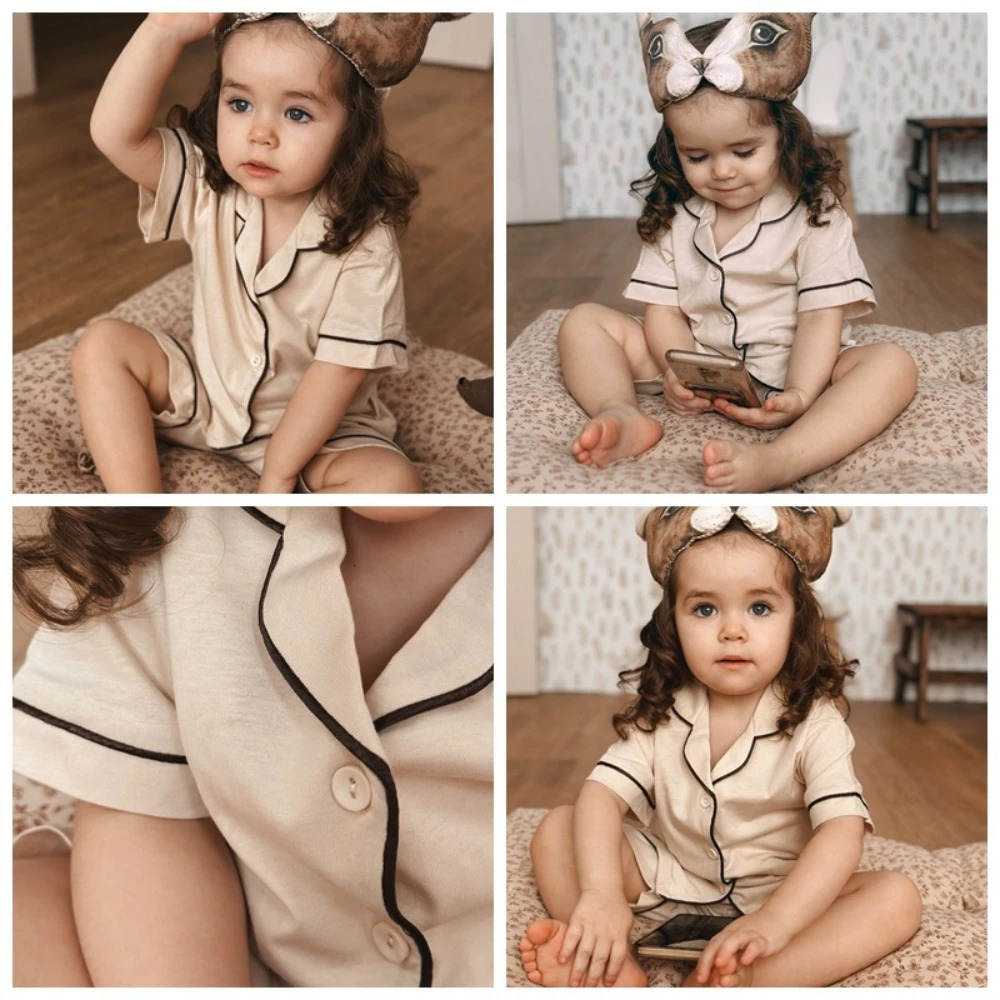 Summer Kids Pajamas Sets Soild Cotton Short Sleeves Comfortable Clothes Baby Pyjamas Loungewear Toddler Boy Girl Sleepwear 250312