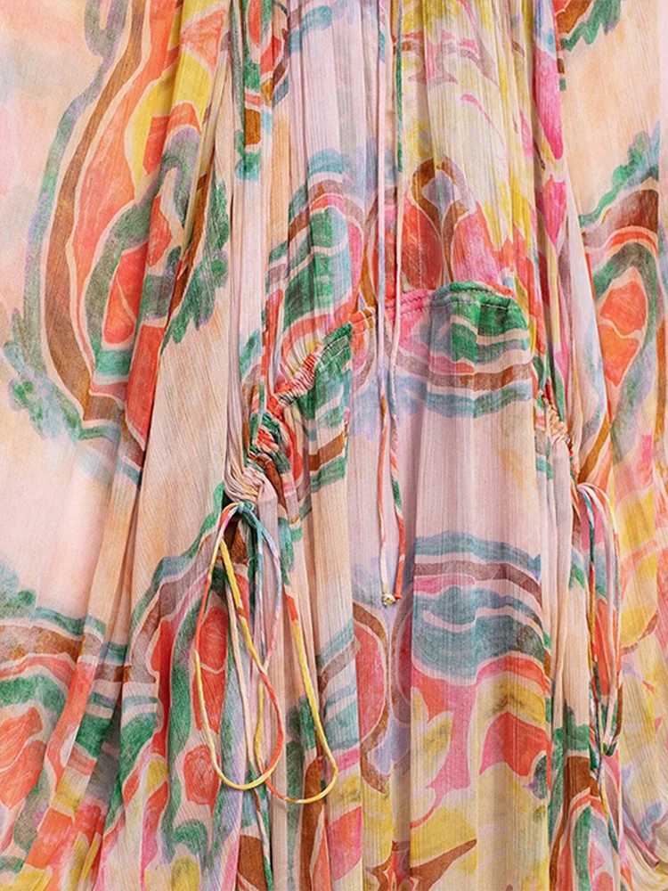 Urban Sexy Dresses Fashionable printed chiffon lace Dr womens loose O-neck long lantern Slve pleated womens dress 2025 summer womens colorful robe Y24