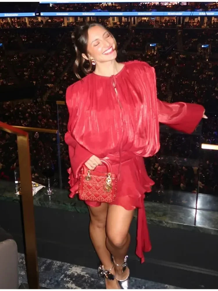 Elegant Ruffle Long Sleeve Mini Dress O Neck Lace Up Lantern Blouse Dresses Fashion Loose Lady Casual 250313