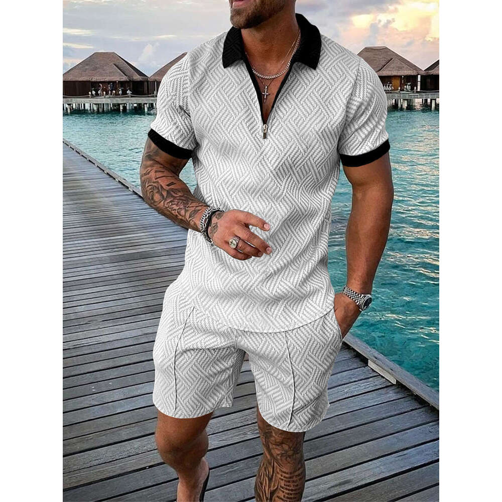 European and American men's source casual contrasting color POLO zipper lapel shirt short sleeved set 2025 temperament versatile new trend clothi