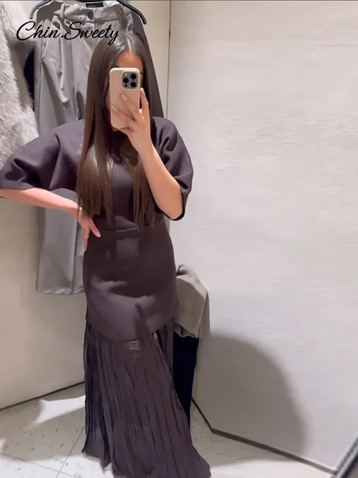 Elegant patch work long dress womens brown knitted Oneck half sleeved ultrathin pleated springsummer high street robe 250313