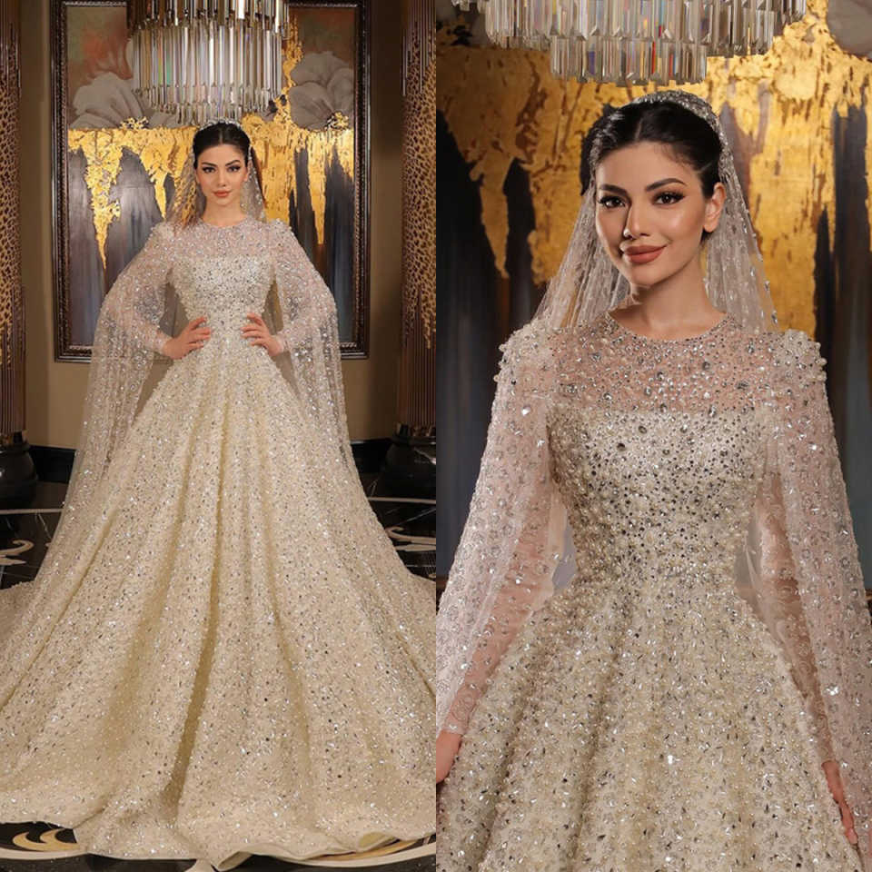 Luxurious Crystal Lace Arabic Wedding Dresses Ball Gown Full Sleeve Bridal Dress With Bling Sequins Beads Custom Made