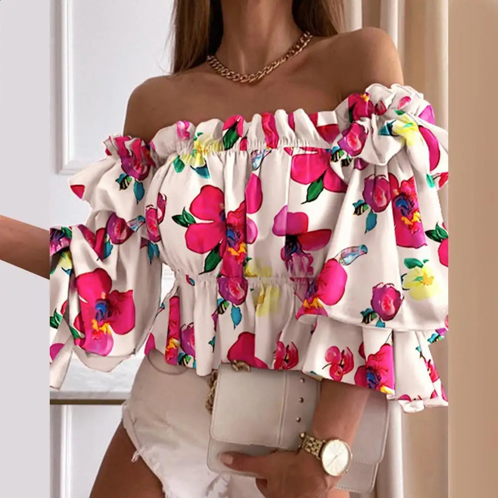 Off Shoulder Summer Ladies Multi-layer Top Colorful Pleated Autumn Blouse Fashion Women Ruffles Long Sleeve Shirt for Beach 250313
