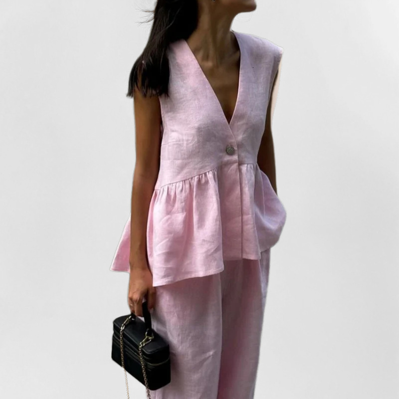 2025 Spring New V-Neck Button Sleeveless Top, Vest Pants, Stylish Commuter Set For Women