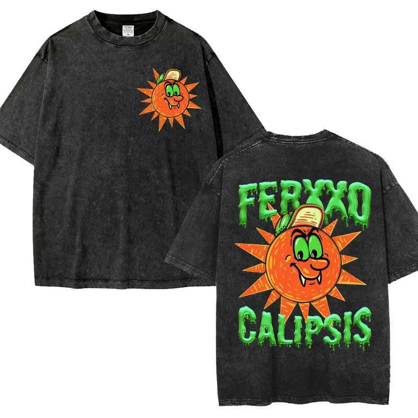 Feid Ferxxo World Tour 2024 Retro Washed T Shirt Men Women 90s Hip Hop Style Short Slve T-shirts Fashion Casual Oversized Ts X250313