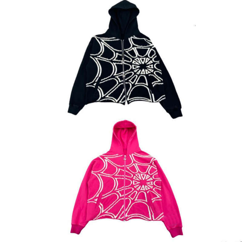 Wind autumn and winter spider print patchwork design loose zipper hooded trendy sports street unisex hoodie