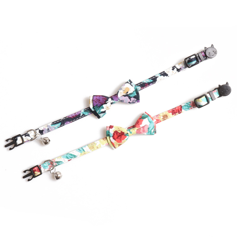 Breakaway Cat Collar with Bow Tie and Bell Floral Oil Painting Style Cat Kitten Collar with Removable Bowtie Adjustable Safety Collars for Girl Cats B