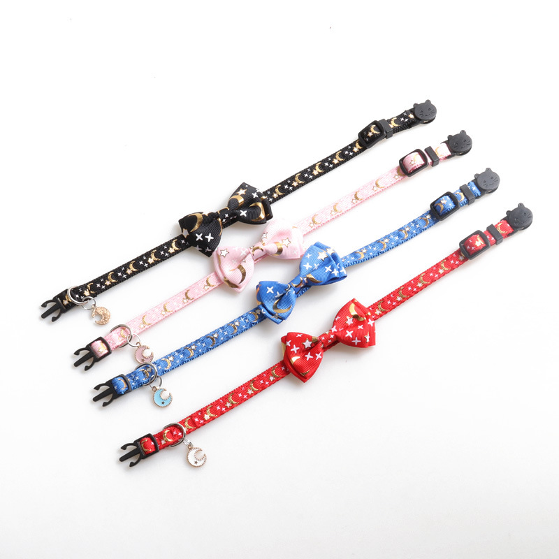 Cat Collar with Bow Tie and Moon Charm, Small Cat Kitten Gold Moon and Star Process Printing Collar Breakaway Adjustable Collar for Boys and Girls Cat