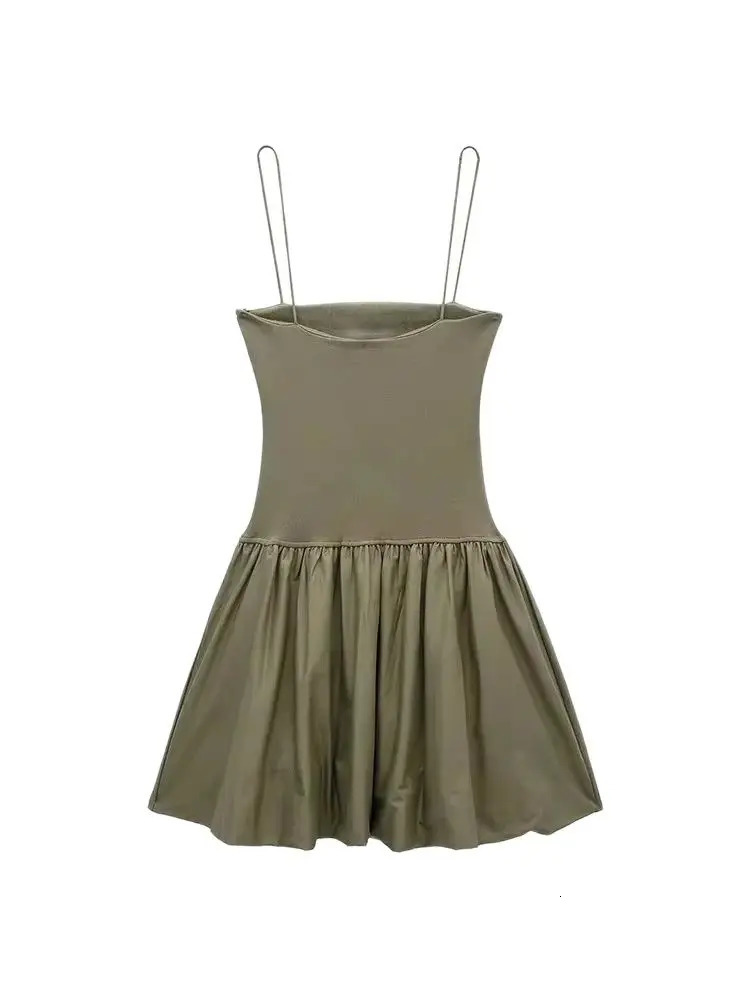 TRZAWomens Patchwork Ribbed Poplin Puff Mini Dress Straight Neck Thin Straps Female Dresses Sexy Fashion 250313