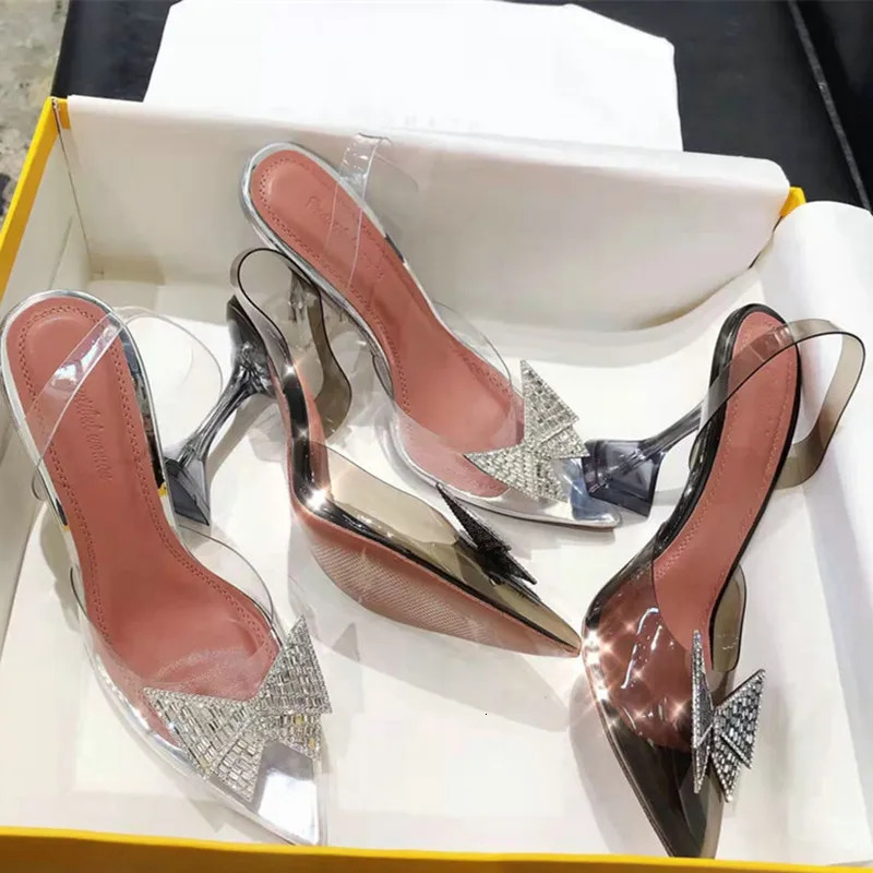 Fashion Rhinestones Bowknot Women Pumps Sexy clear PVC Slingback High heels Jelly Shoes Summer Ladies Wedding Bridal Shoes 250312