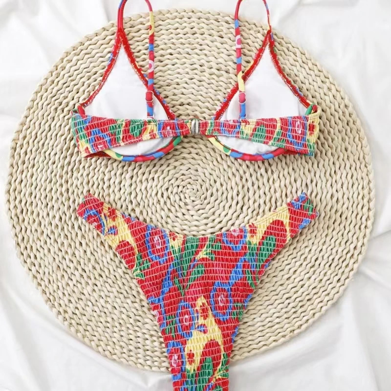 Summer Beach Bikini Suit Crimson Printed Sexual Double Shoulder Strap Bra Low Waist Breathable Briefs Twopiece Set 250311