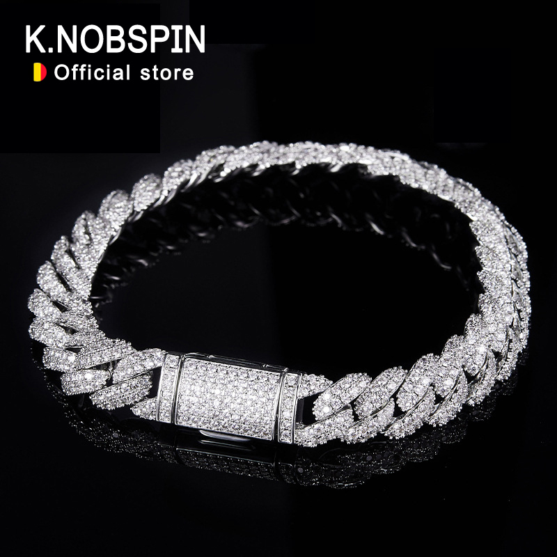 KNOBSPIN All Moissanite Cuban Hip Hop Bracelet for Men 6mm 8mm Full Diamond with GRA 925 Sterling Silver Teen Girls Chain