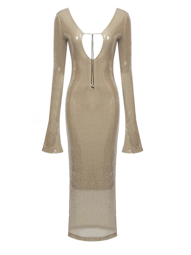 F88 Women's mesh deep V dress sexy sequin dress long sleeve dress for mature women