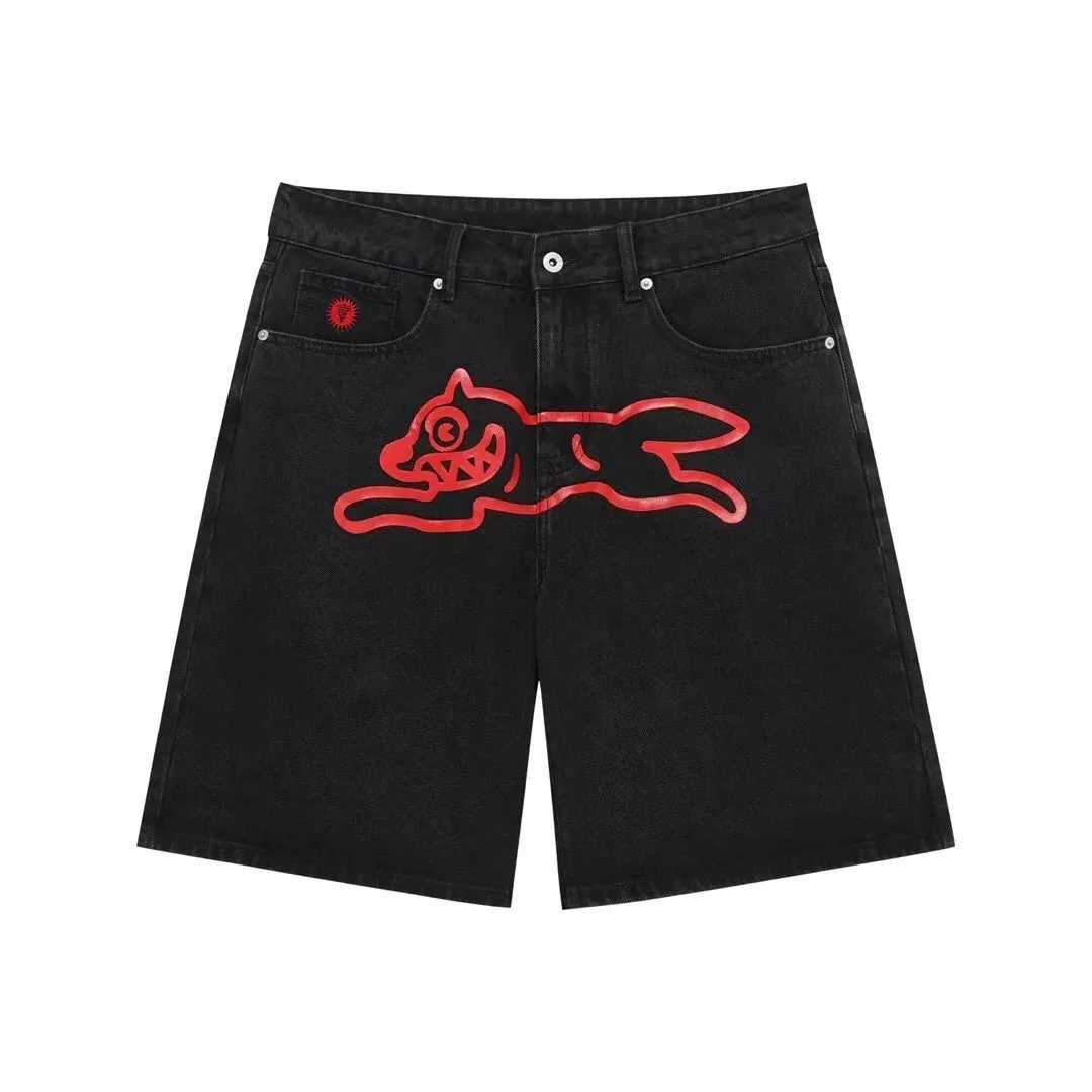 Summer New Fly Dog Hip Hop Graphic Printed Denim Shorts Mens Wide Leg Baggy Jeans Y2k Streetwear Fashion Knee Length Pants ShortsXJ250313