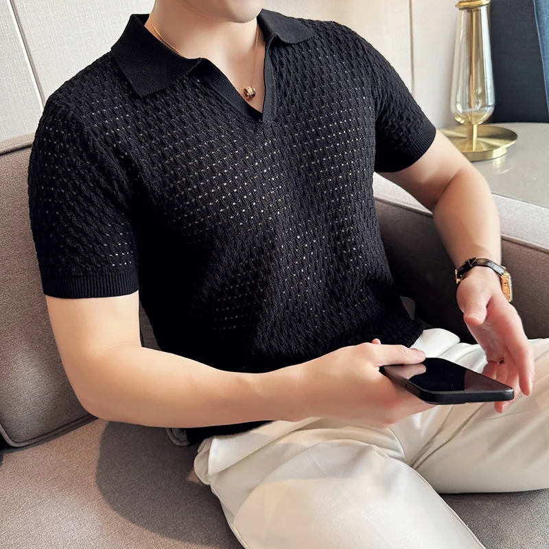 Purple mens Vneck polo shirt daily casual short sleeved top fashionable hollow knit 3XLM 250313
