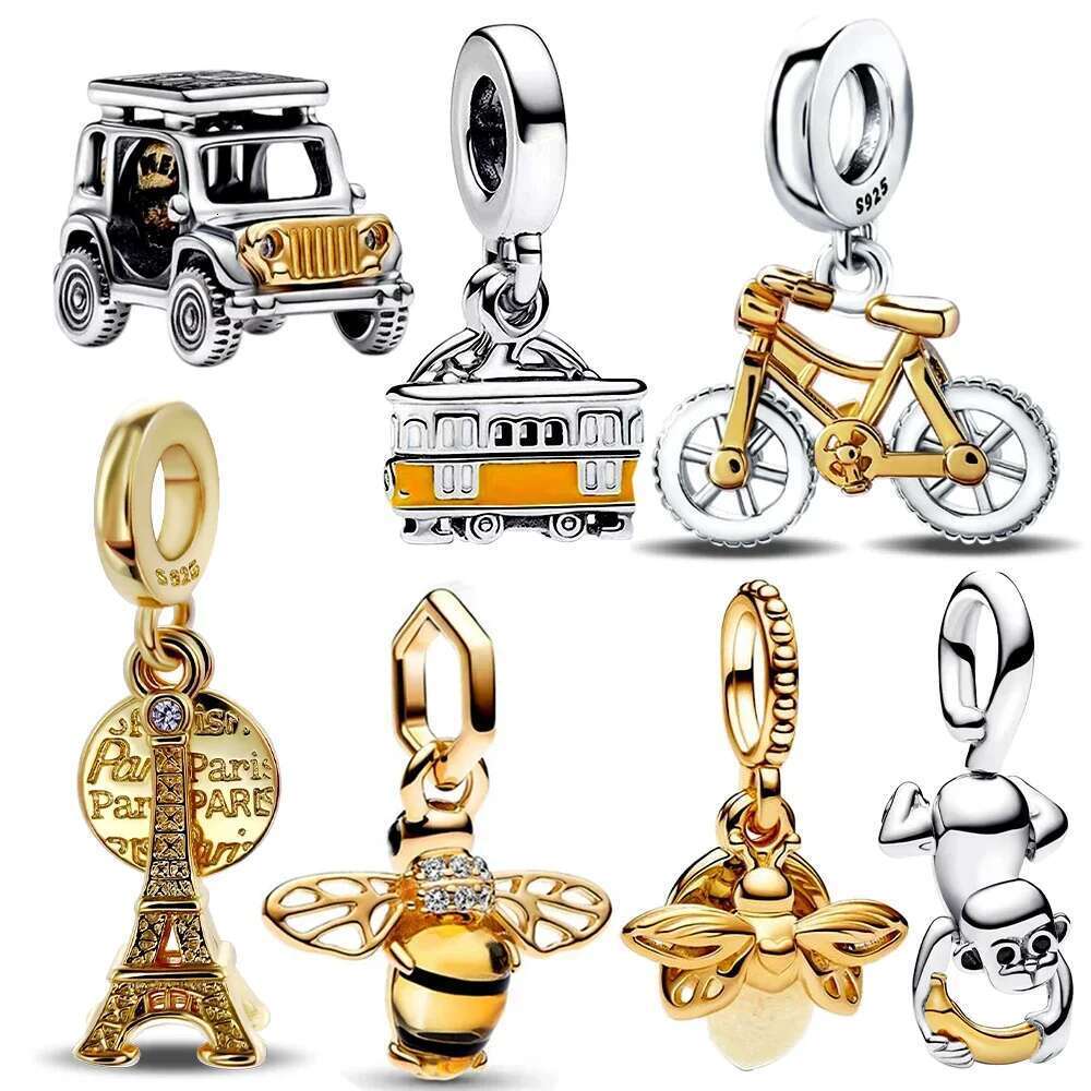 New 925 Sterling Silver Gold Bus Bus Charm Fit S925 Snake Bracelet Diy Charm Women's Fine Jewelry Gift
