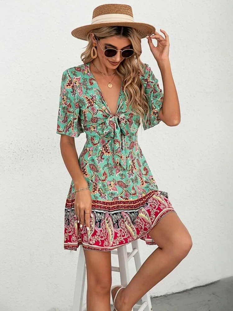 Womens summer fashion casual print Vneck Aline big hem lace waist bohemian long sleeved fashionable mini dress for sale 250313