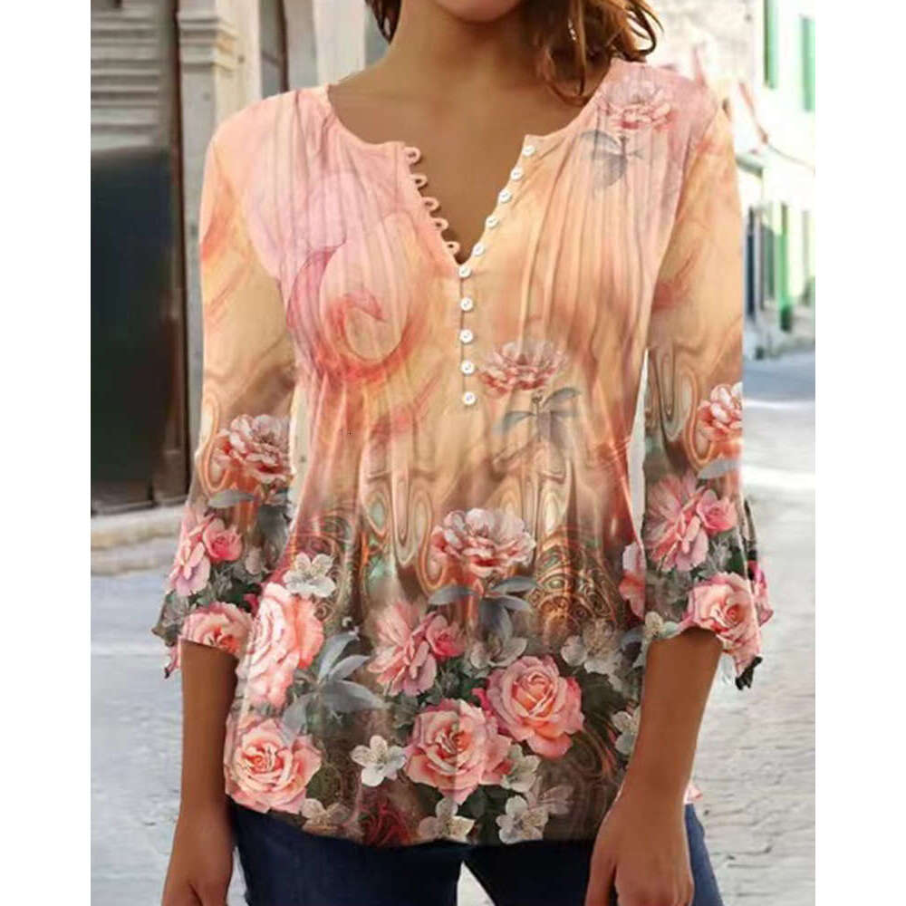 European and American Spring/Summer Fashion Women's wer Printed V-neck Short Sleeve Folded Button T-shirt Bottom Shirt 2025 Versatile New Trendy 
