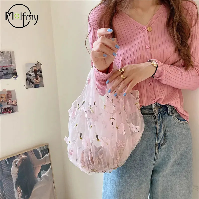 Transparent Womens Bag Silk Mesh Embroidery Flower Designer Luxury Bags Small Fresh Shopping Tote Bag Carteras Para Mujeres R250312