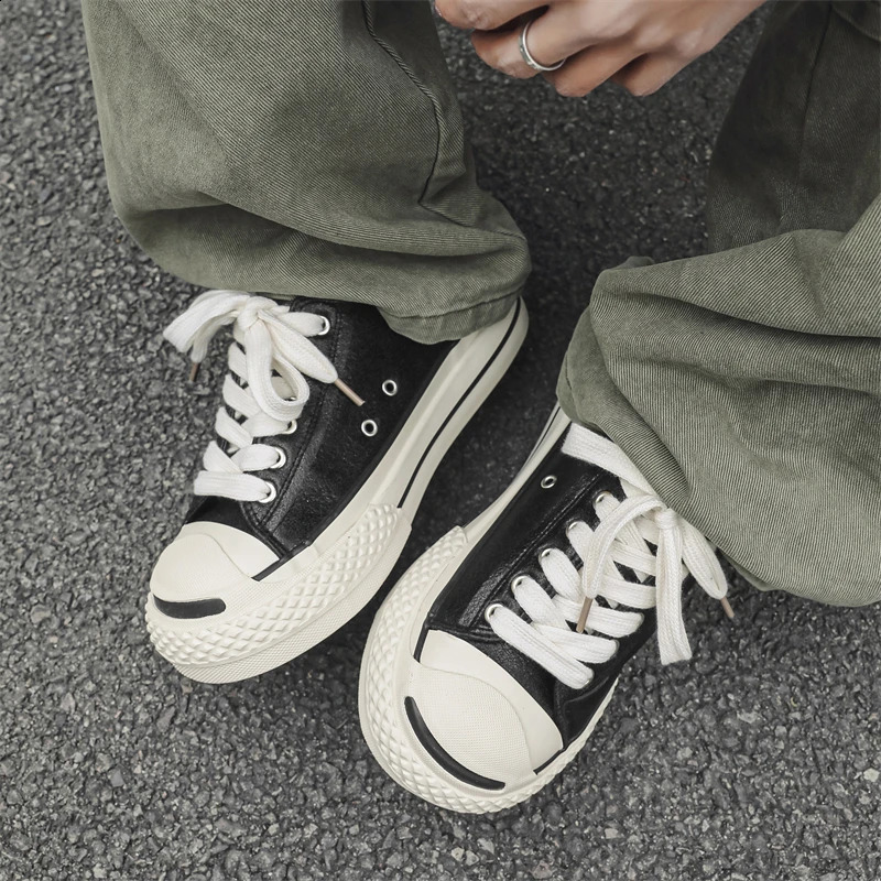 European Style Niche Super Cracked Pu Leather Wide Version Big Toe Skateboard Shoes Mens Retro Open Smile Thick-Soled Casual Shoes Vulcanized Shoes 25