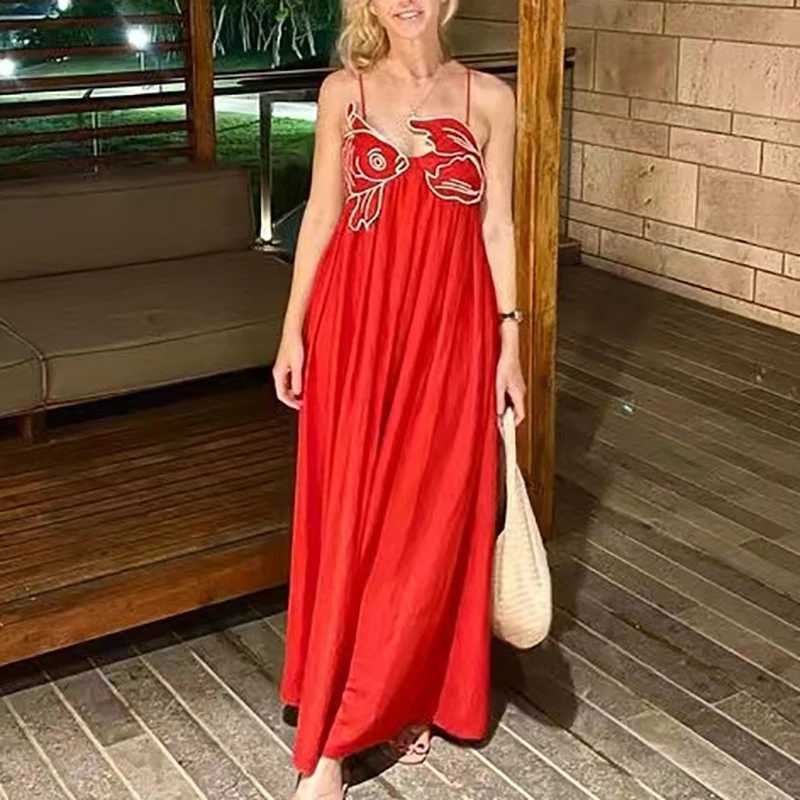 Urban Sexy Dresses 3D Fish Embroidered Folded Strap Dr Womens Spring Strap Hollow Party Long Dr Summer Back Zipper Boho Dr Y240312CVXY