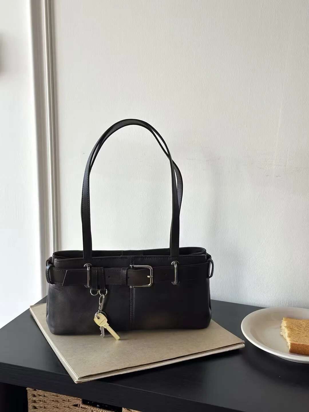 Retro Motorcycle Style Belt Buckle Design Large Capacity Women's Single Shoulder Underarm Bag Tote Cowhide Leather