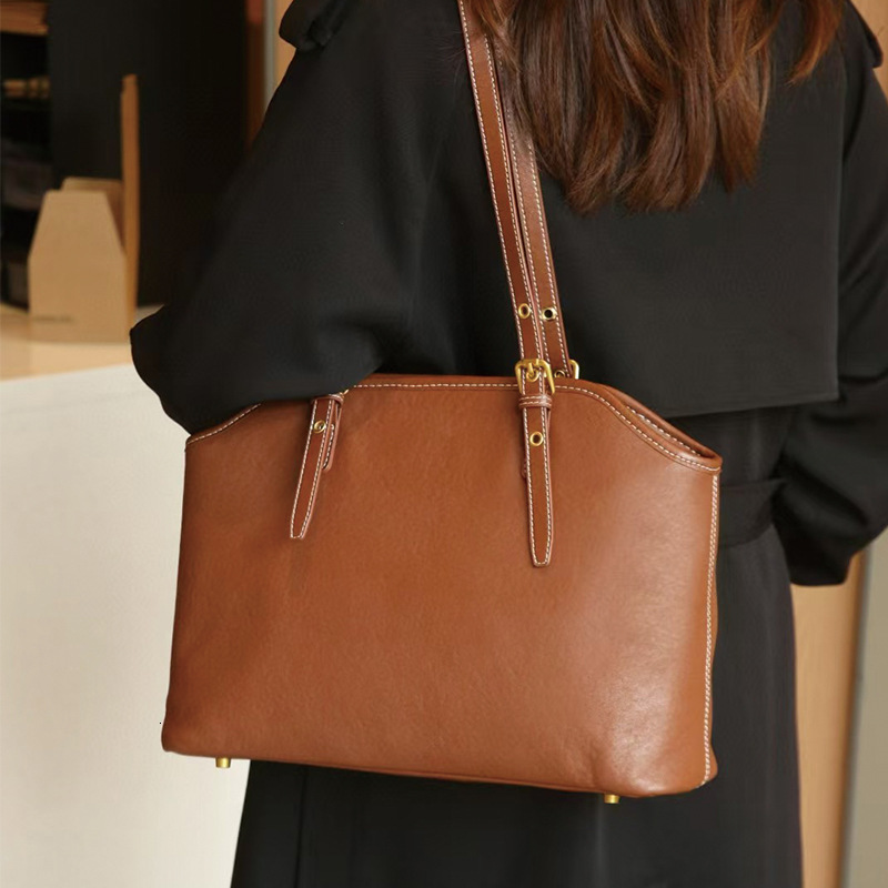 Women's Genuine Leather Women's High-End Sense, Niche Tote Bag, Large Capacity Single Shoulder Hand-Held Commuting Bag