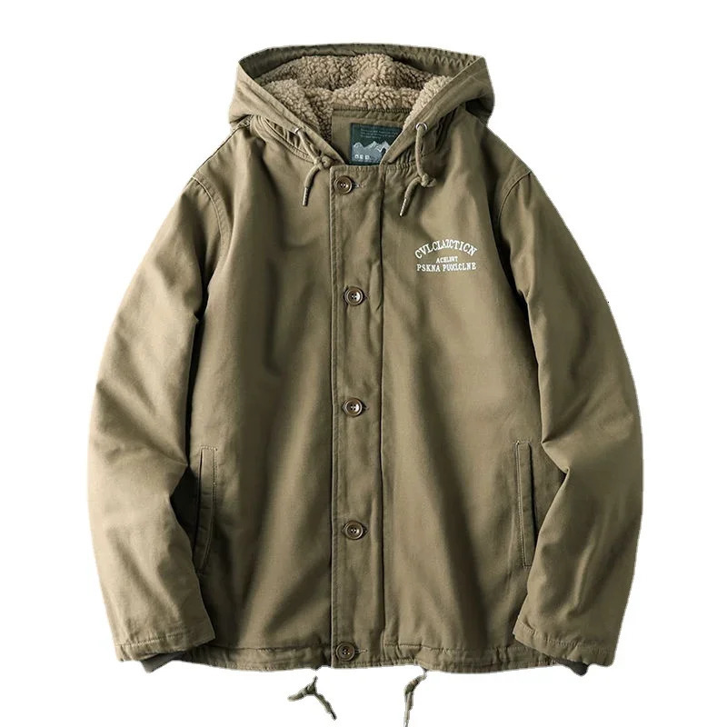 Mens hooded winter jacket with wool lining for warmth Parkas highquality mens casual clothing size 5XL 250313