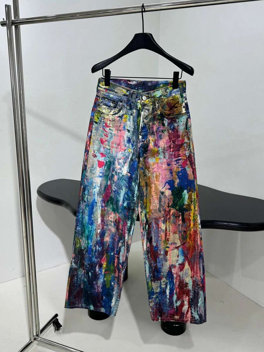 Unisex Aesthetic Paint Baggy Jeans Color Graffiti Straight Wide Leg Denim Pants Long Trousers Hip Hop Women Streetwear
