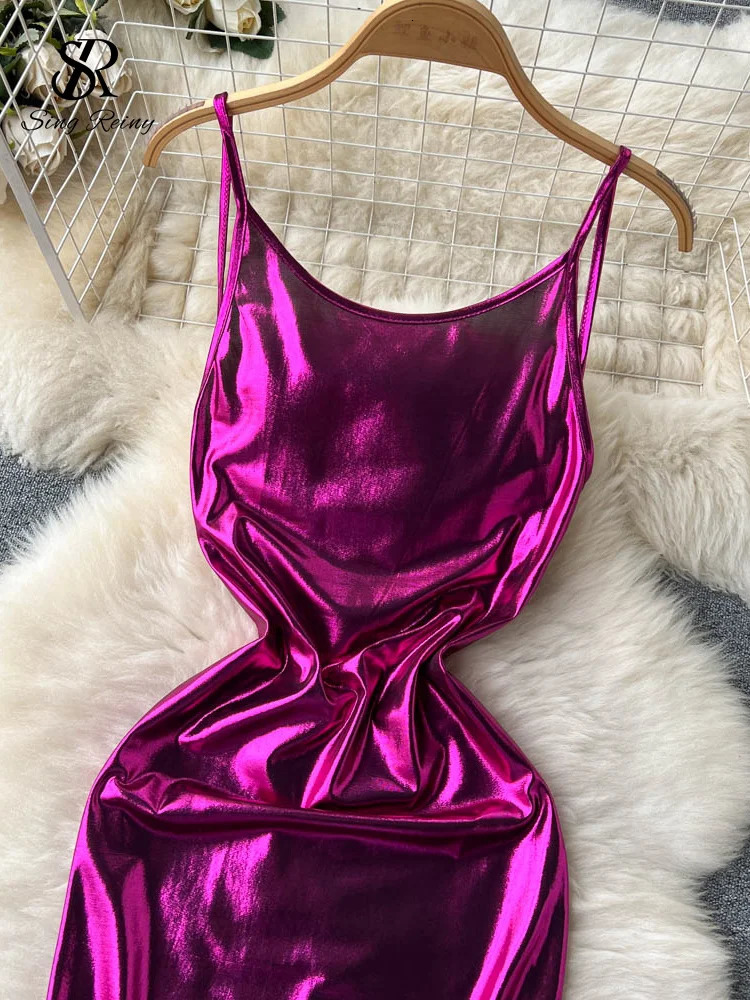 SINGREENY Sexy Body Satin Camis Dress No Back High Waist Fashionable Hollow Shining Summer Womens Party Long 250313