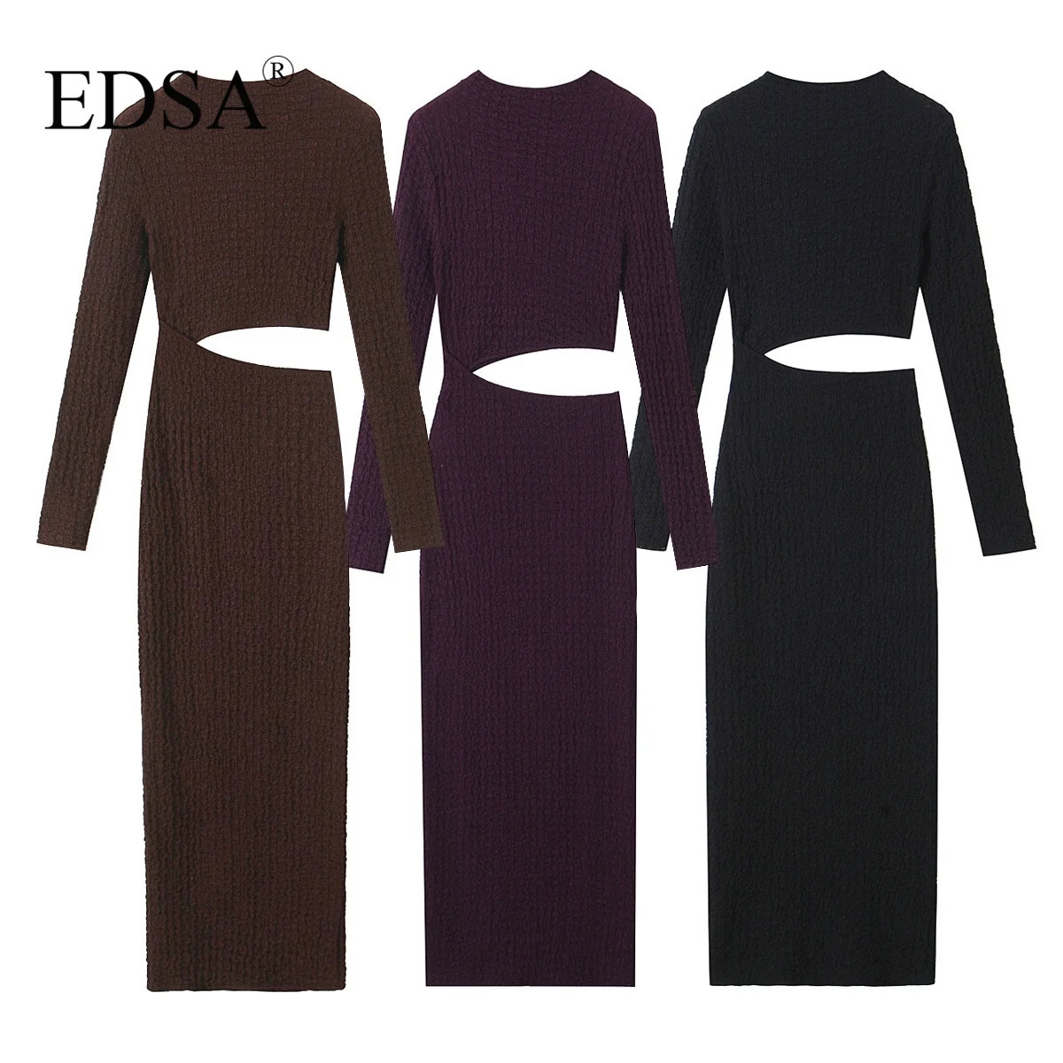 EDSA Womens Texture Cut Midi Dress High Waist Long Sleeve Hollow Elegant Skirt 250313
