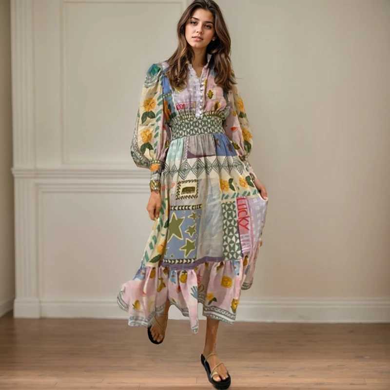 Urban Sexy Dresses Popular Midi Dr womens clothing European and American retro puffs Slve printed lantern Slve A-line waist pattern Swing Dr Y240312ZY