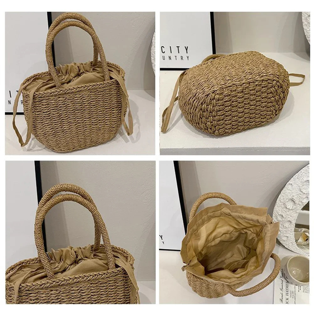 Drawstring Straw Bag for Women Top Handle Bag Summer Beach Woven Boho Bag Rattan Large Capacity Tote Bag Ladies Shopper Clutch R250312