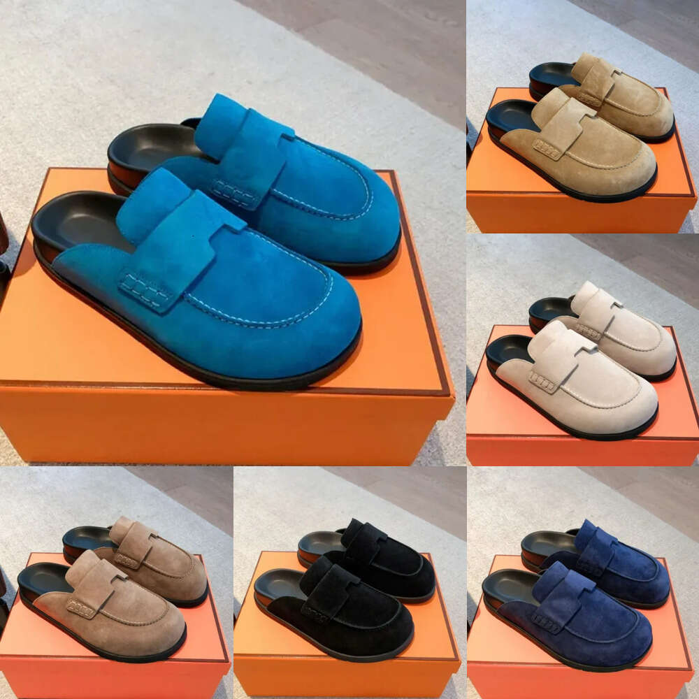 h slipper go mule italian designer summer suede calfskin mule women men flat slippers beige indoor slide beach sandals chamois casual mule boken wool slippers ac6
