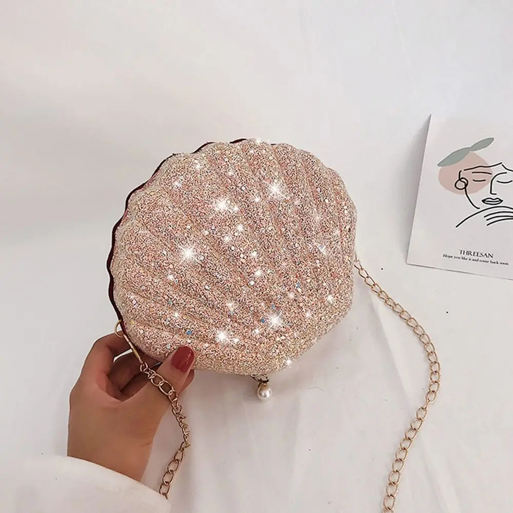 Chain Sequined Shoulder Bag For Women Pu Leather Handbags Cute Shell Crossbody Bags Female Sequins Small Bag Phone Money Pouch 250305