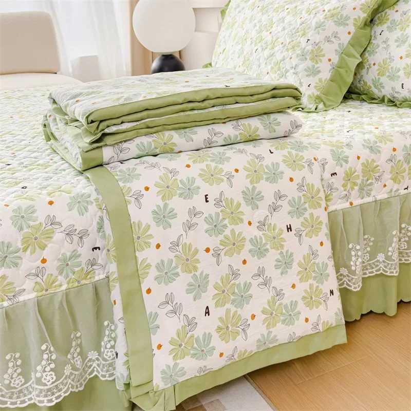 Summer air conditioning blanket four piece set washed cotton edged feather silk printed summer cooling blanket Y250313