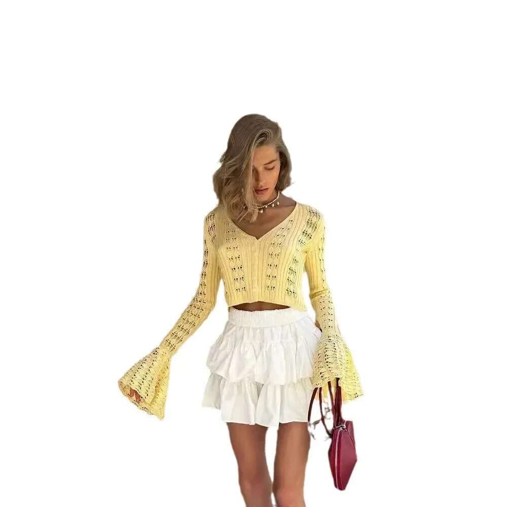 Women's Knitted Cardigan New Solid Color Long Sleeve V-Neck Cropped Top European American Cross-Border Style Fashion Clothing