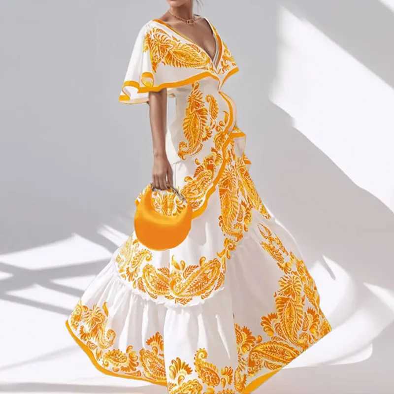 Urban Sexy Dresses Elegant Pattern Printing V-neck Maxi Dr New Casual Wrinkle Short Slip Holiday Dr 2025 Spring Womens New Pullover Dr Y240312HB00