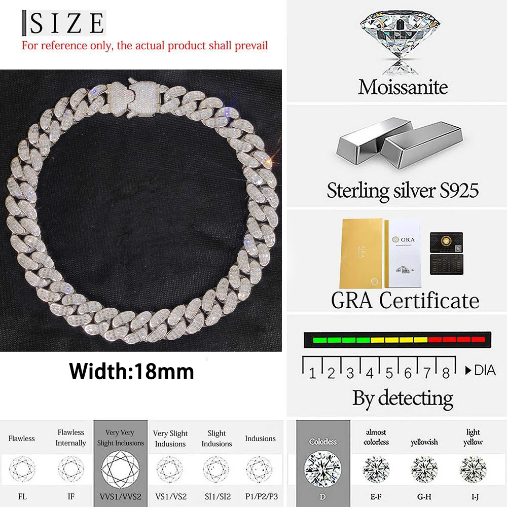 New Arrival Men Hip Hop Jewelry 18MM Special Clasp Solid Silver 925 Custom VVS Moissanite Diamond Cuban Link Necklace