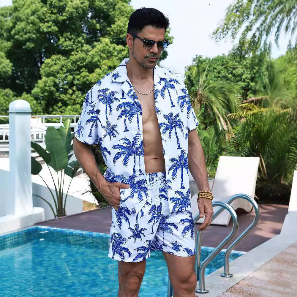 Hawaiian style shirt set for men summer vacation, casual short sleeved shorts, beach wer shirt, pamas, 2025 new style, chic and elegant clothing