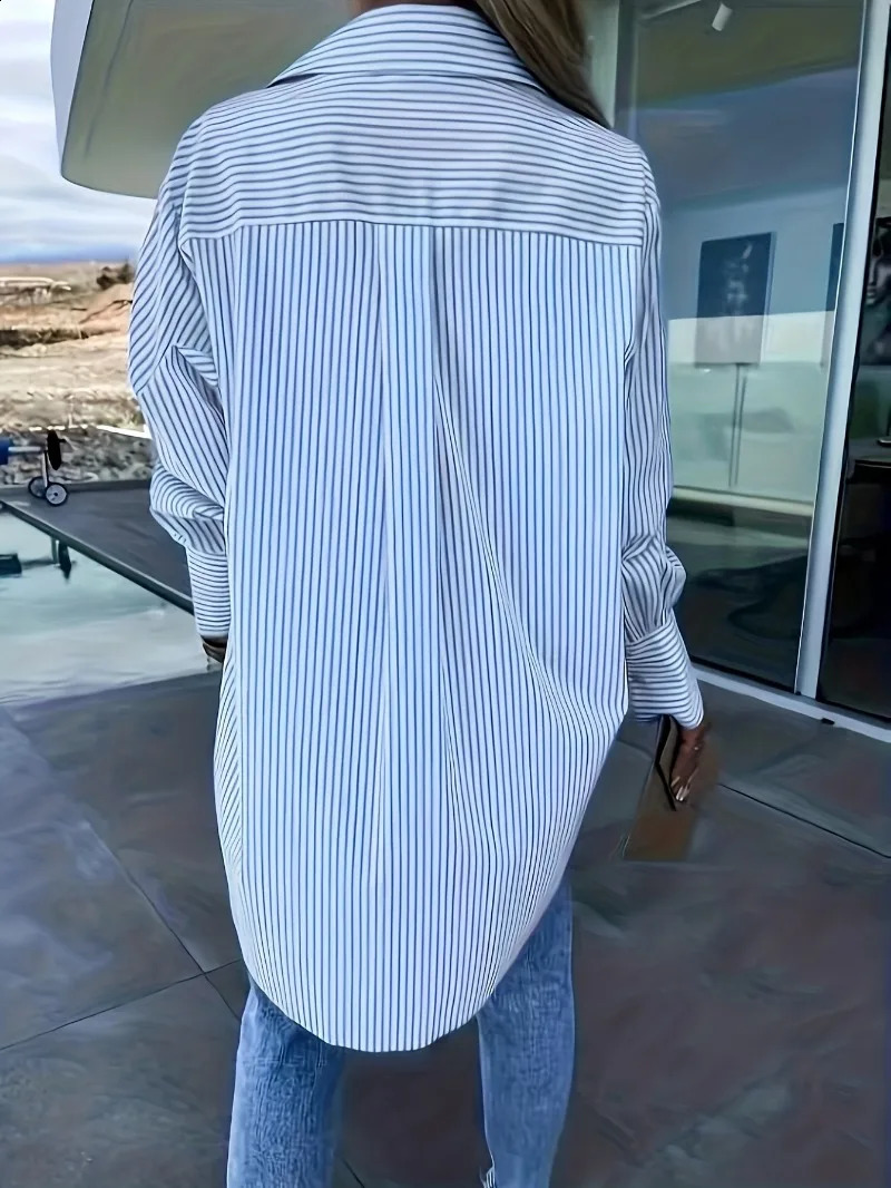 Plus Size 1XL-5XL Women Casual Loose and Comfortable Asymmetric Striped Long Sleeve Shirt Blouse 250313