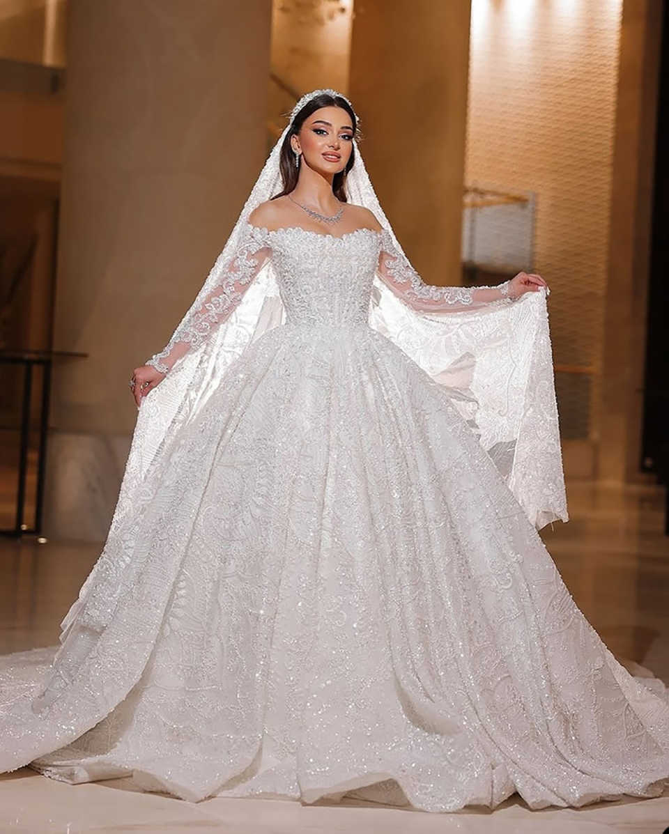 Elegant Ball Gown Wedding Dress Off Shoulder Long Sleeves Bridal Gowns Sequins Lace Sweep Train Dresses Custom Made vestidos de novia