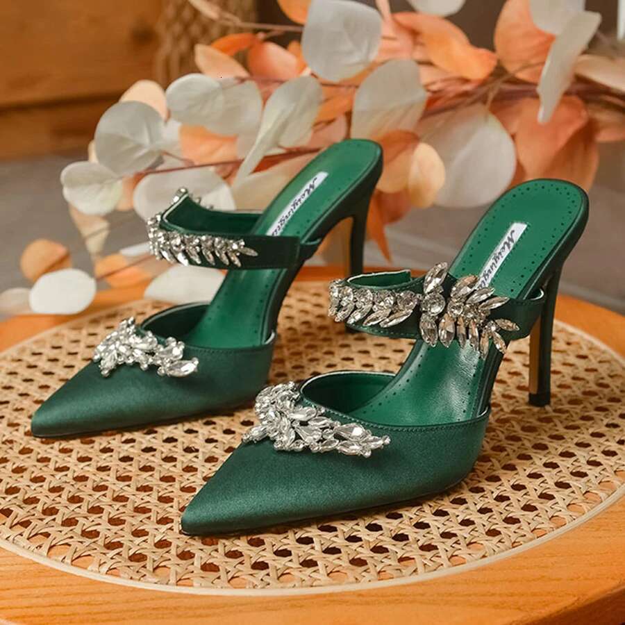 Women's High Heelstemperament Baotou Silk Wheat Ear Rhies Muller Semi-Trailer Pump Pointed Stiletto Sandals