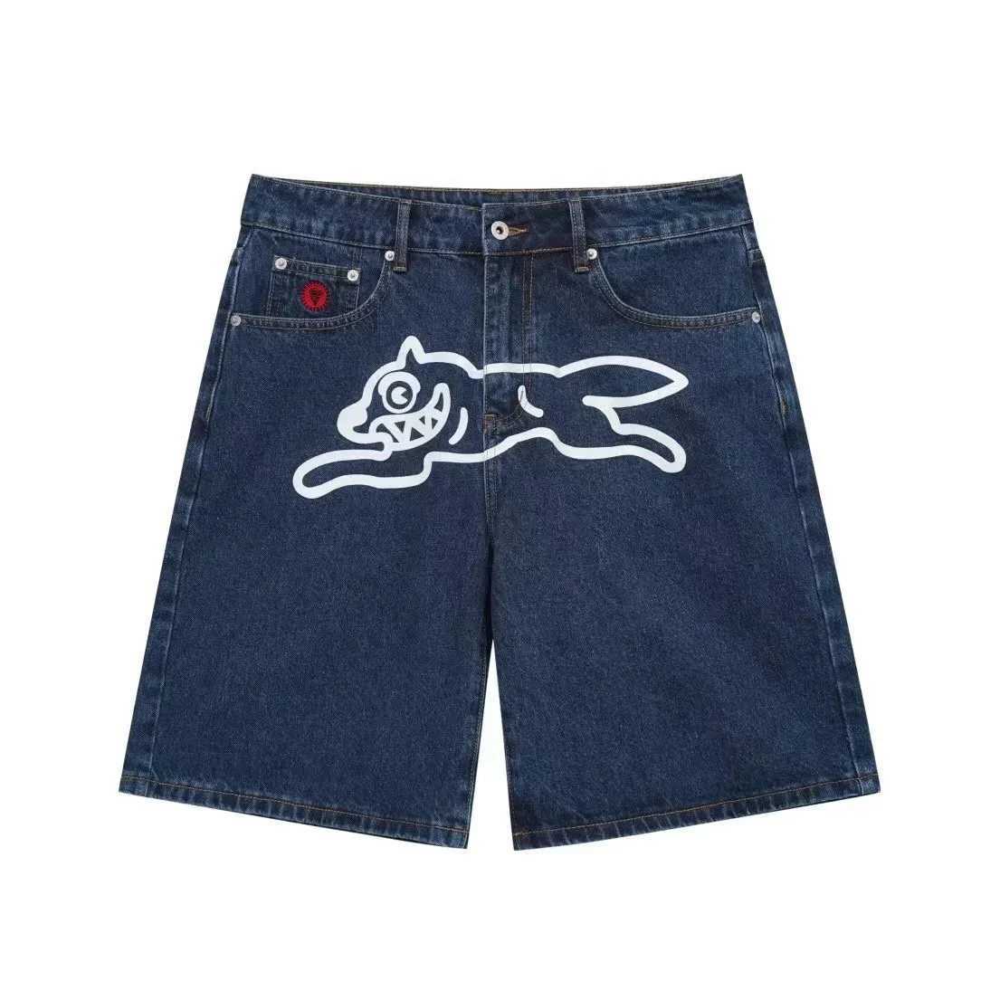 Summer New Fly Dog Hip Hop Graphic Printed Denim Shorts Mens Wide Leg Baggy Jeans Y2k Streetwear Fashion Knee Length Pants ShortsXJ250313