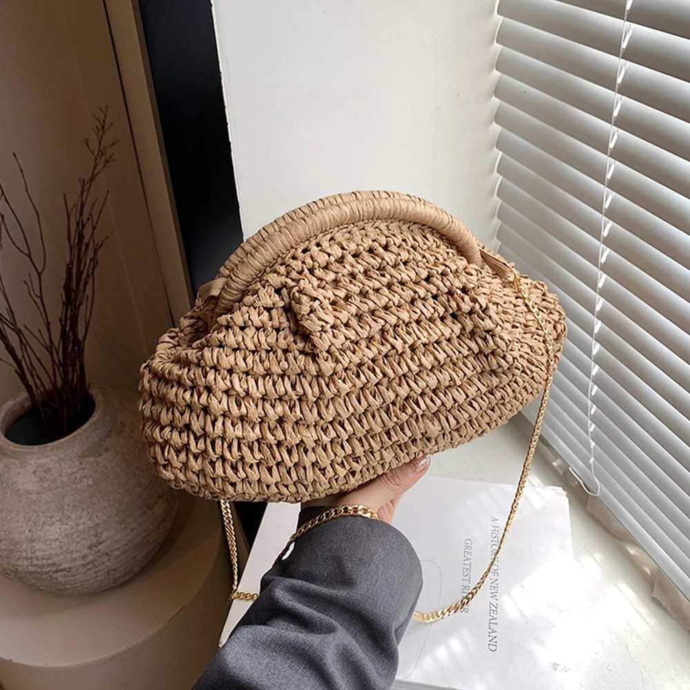Women Straw Woven Bag Chain Strap Straw Clutch Purse Large Capacity Stylish Crossbody Bag Solid Color for Summer Beach R250312