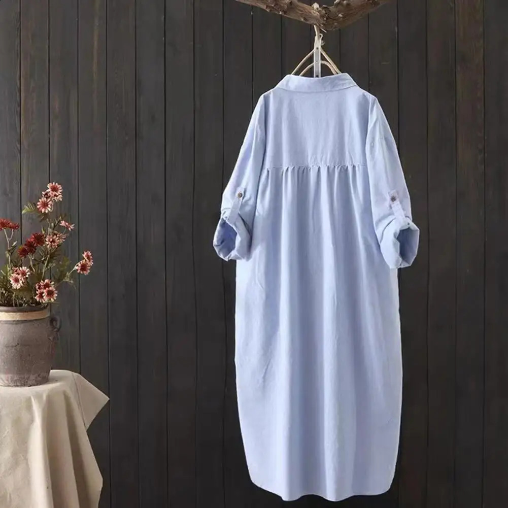 Women Top Solid Color Loose Irregular Hem Shirt Turn-down Collar Single-breasted Cardigan Long Sleeves Mid Length Lady Shirt 250313