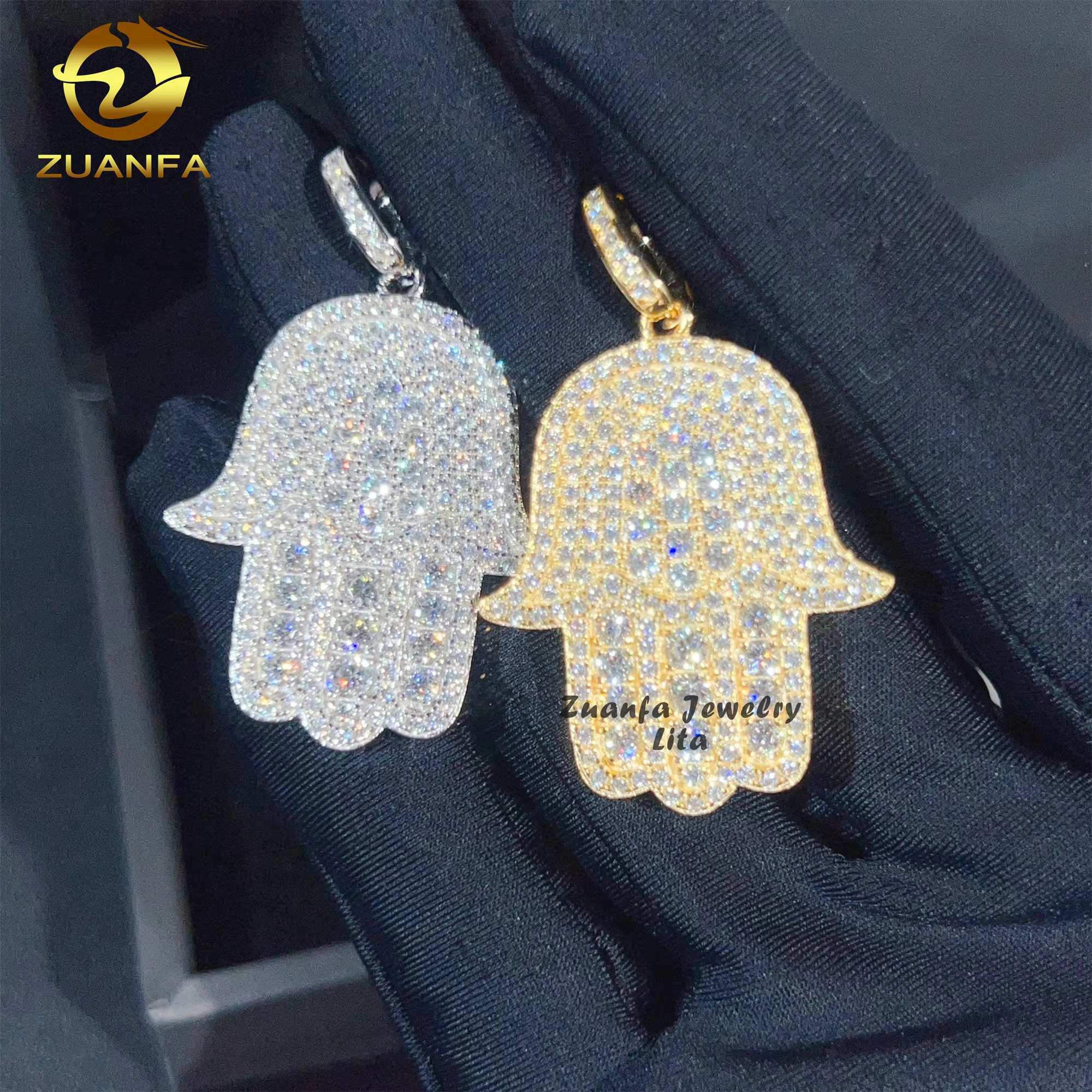 Hip Hop Fashion Rapper Charm 925 Sterling Silver Iced Out Diamond Moissanite Hamsa Hand Pendant