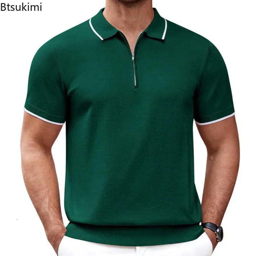 Mens Summer Casual Knitted Polo Shirts Formal BusinessTurn Down Collar Solid Short Sleeve TShirt Leisure Breathable Tops 250313
